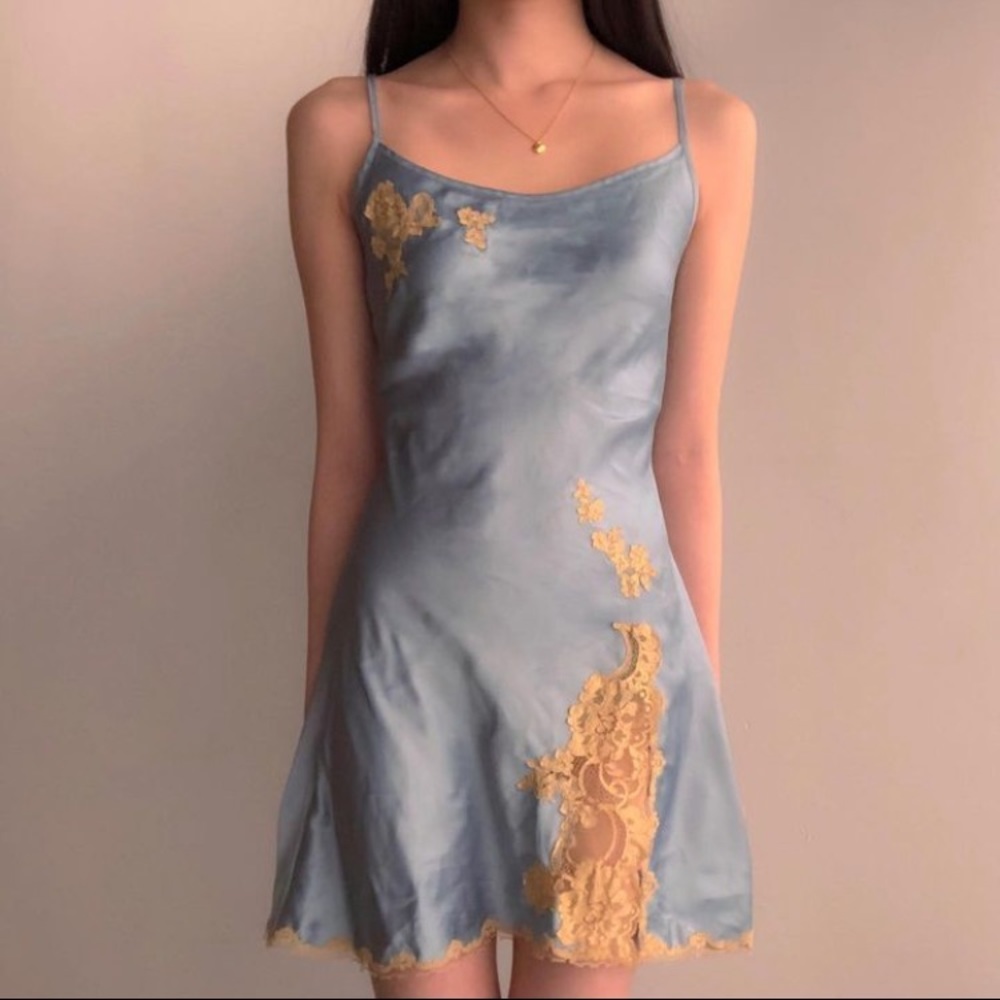 Vintage Victoria Secret Blue Slip Dress with Gold Floral Trimming